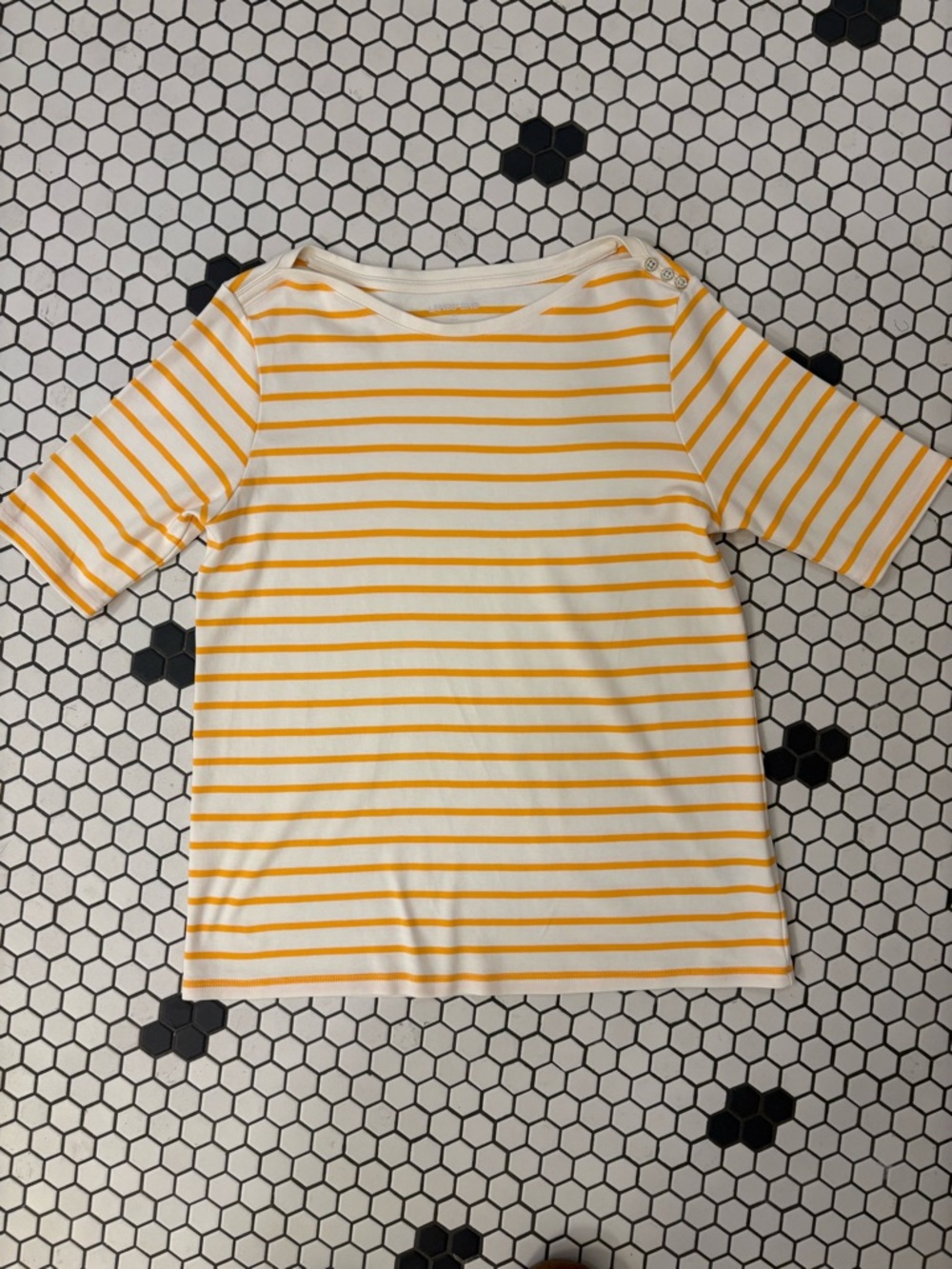 Lands’ End Supima Cotton Boat Neck Top Yellow Stripe Button Shoulder M - Picture 3 of 8